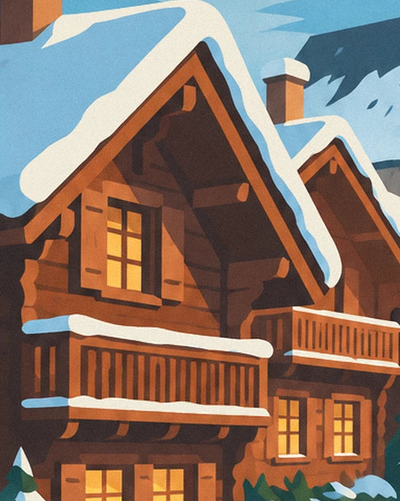 The wooden chalet with lit windows and snow-laden balconies