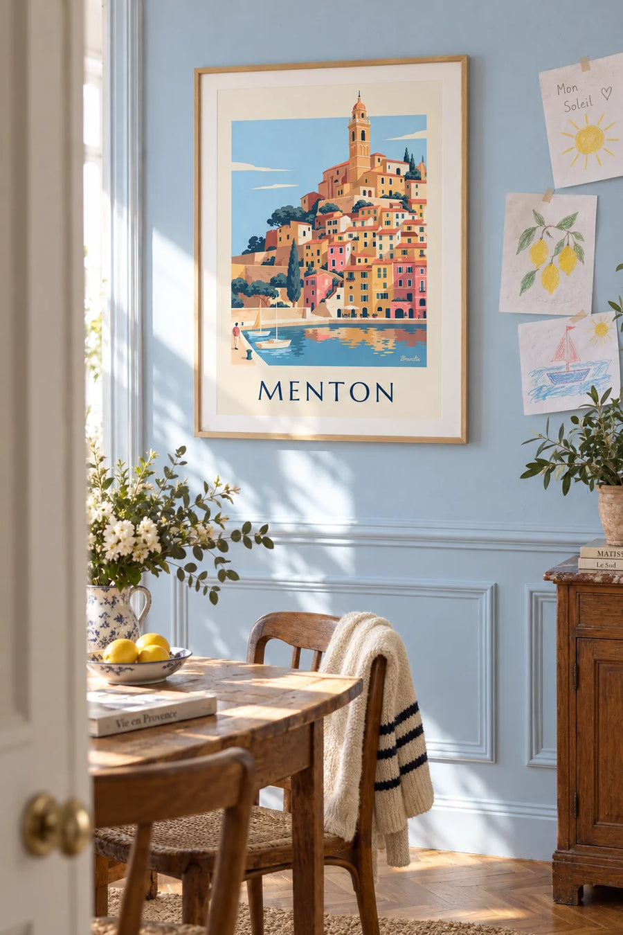 Poster of Menton’s old town and the Basilica of Saint-Michel: framed on the wall