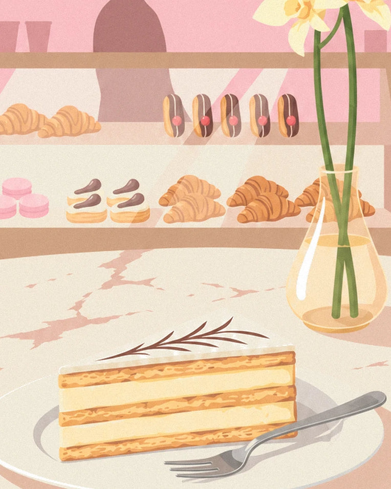 Poster Stück Vanille-Millefeuille in der Konditorei: Detail in Nahaufnahme