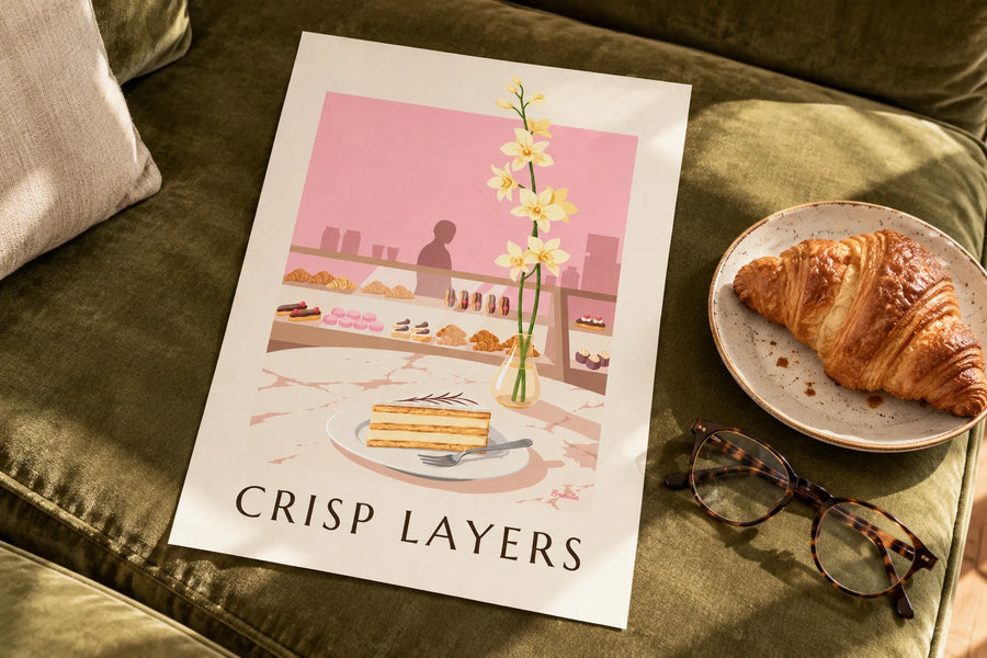 Affiche part de millefeuille à la vanille en pâtisserie : posée sur une table