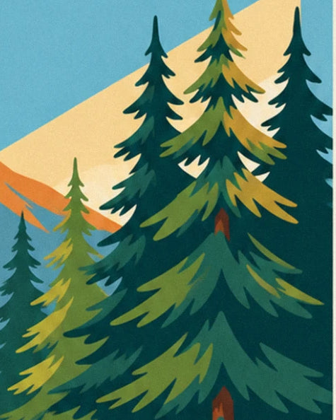 Dark green and olive-green fir trees in front of a golden ridge and a blue sky