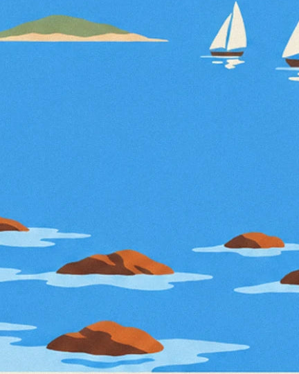 Ochre rocks breaking the surface of the blue water, with sailing boats in the distance
