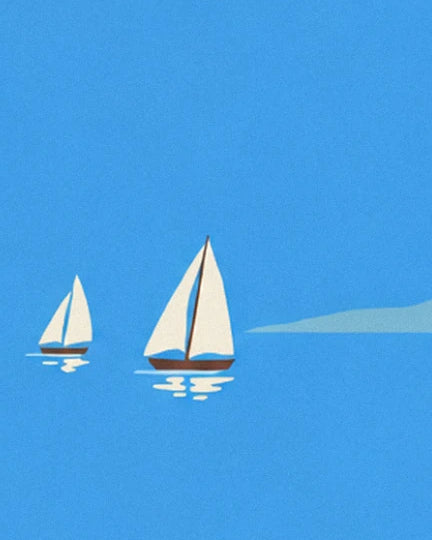 2 boats with white sails on a blue sea, with an island in the distance