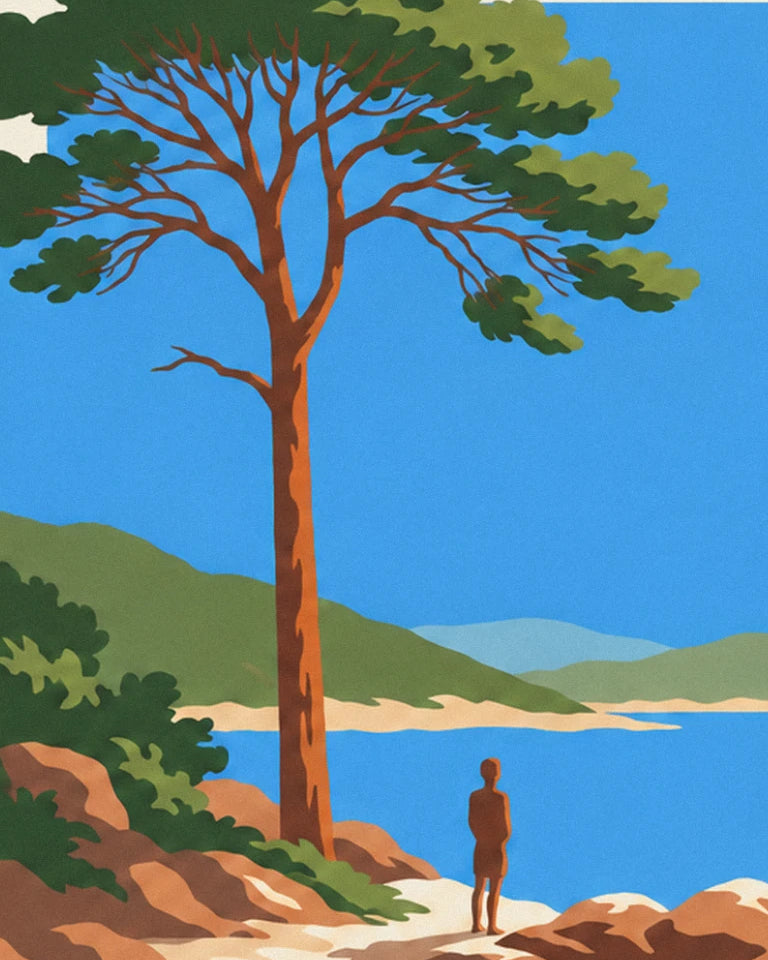 Large umbrella pine and a walker on the rocks, facing the bay