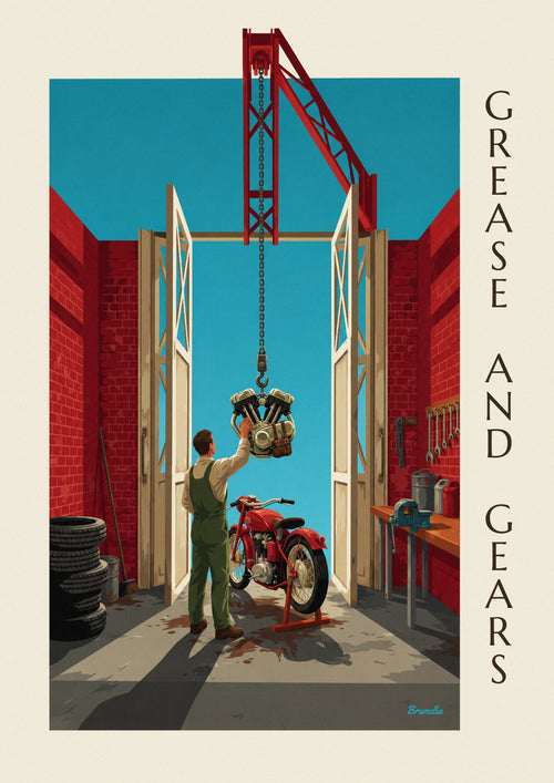 Poster klassisches Motorrad in einer Mechanikerwerkstatt aus Backstein: das ganze Poster