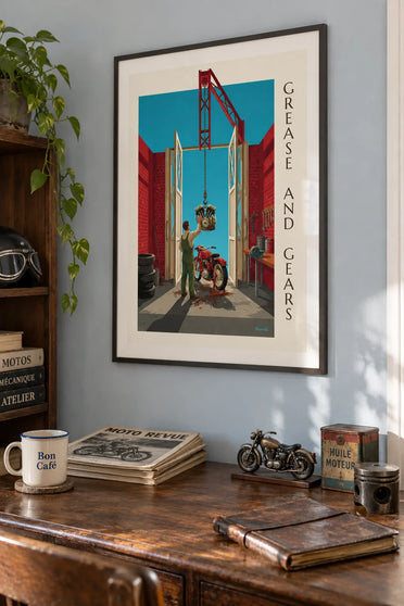 Poster Oldtimer-Motorrad in einer Backstein-Werkstatt: gerahmt an der Wand