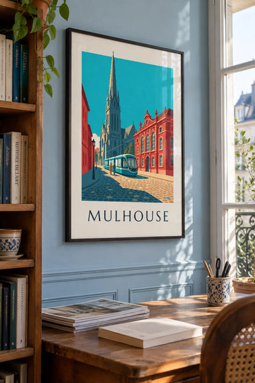 Mulhouse tram and town hall on place de la Réunion poster: framed on the wall