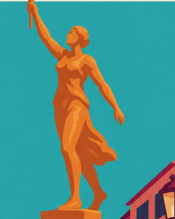 La statue dorée de la femme qui lève sa torche, sur un ciel turquoise