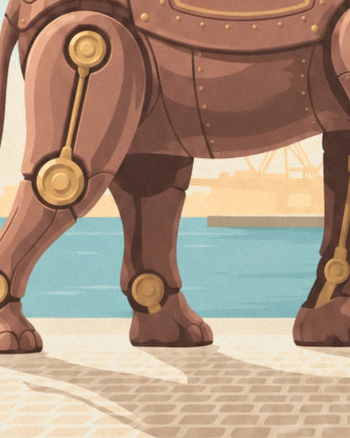 The mechanical elephant’s jointed legs and their golden gears, on the cobblestones