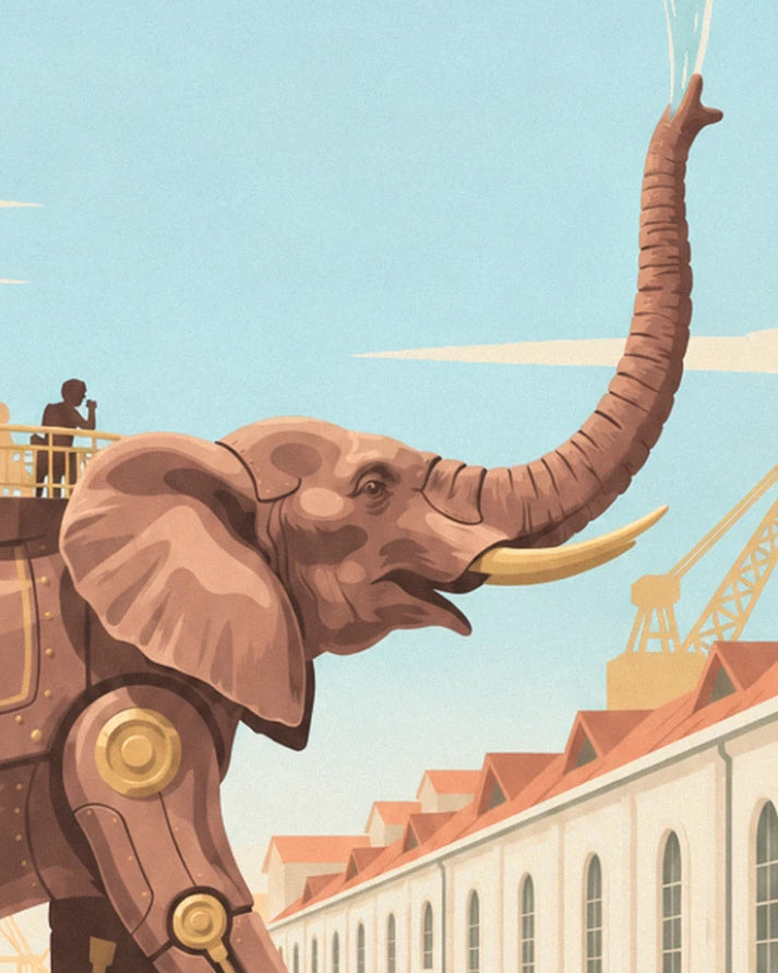 The large mechanical elephant’s head, with its raised trunk and golden tusks