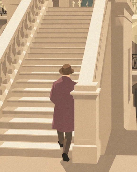 Walker in a burgundy coat and brown hat, seen from behind on the grand staircase