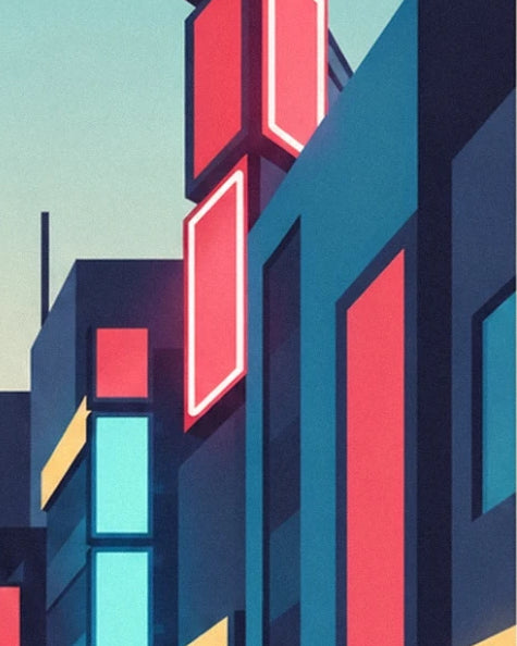 The pink and turquoise signs on the dark façades of Shinjuku