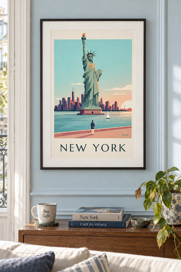 Poster Freiheitsstatue im Licht der untergehenden Sonne: gerahmt an der Wand