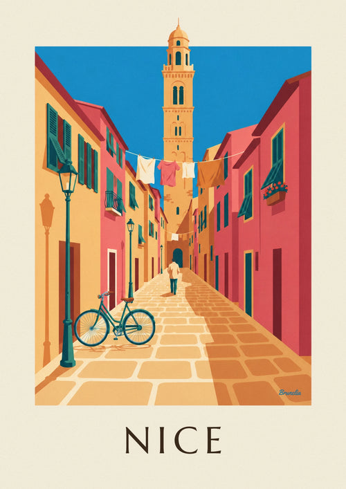 Affiche vélo dans une ruelle pavée du Vieux Nice : l'affiche entière