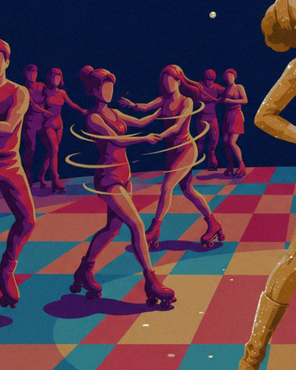 Les patineuses en tenues roses sur la piste à damier multicolore