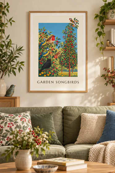 Affiche planche naturaliste des oiseaux chanteurs du jardin : encadrée au mur