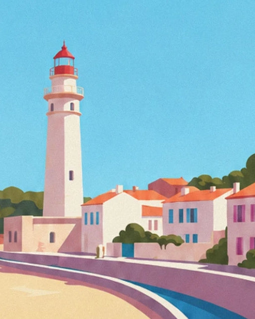 Le phare blanc à lanterne rouge et les maisons aux toits orangés de Palavas-les-Flots