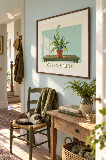 Potted fern on a botanist’s table poster: framed on the wall