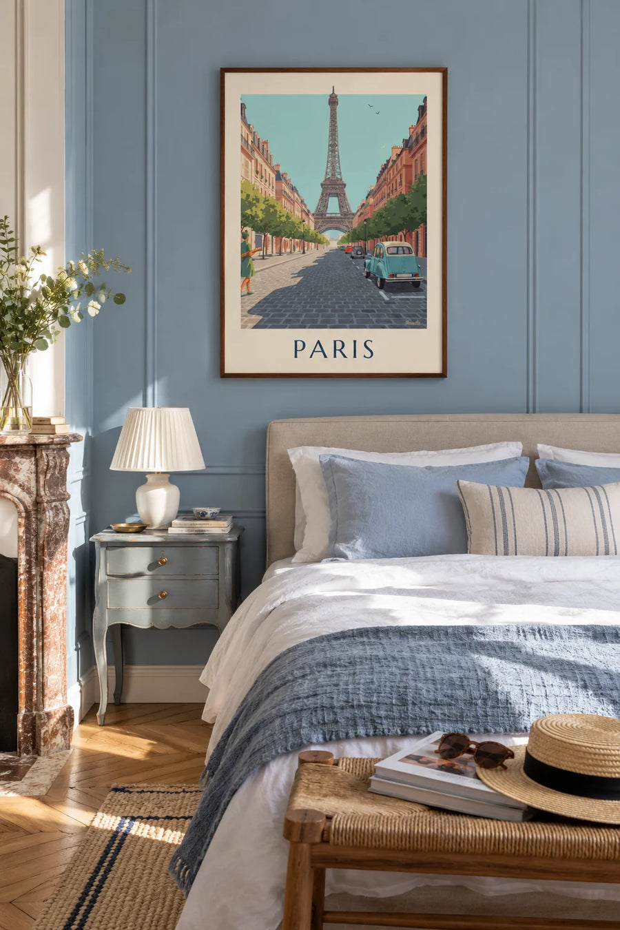 Blue Citroën 2CV on a cobblestone street facing the Eiffel Tower poster: framed on the wall