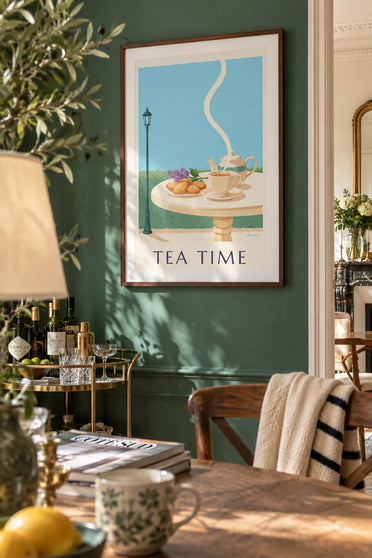Poster Madeleines und Teetasse auf einem Gartentisch: gerahmt an der Wand