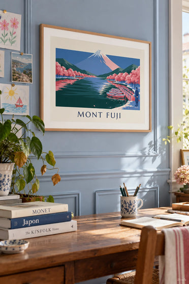Poster Fuji, Kirschblüten und Boote am Steg: gerahmt an der Wand