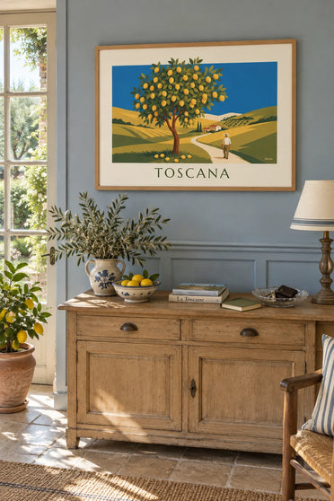 Poster Zitronenbaum in einem toskanischen Garten in der Sonne: gerahmt an der Wand