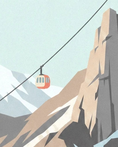 A red and cream cable car hanging from its cable between rock face and snow