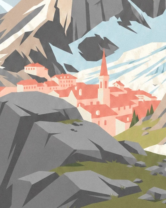 The red roofs of Chamonix and its slender church spire between grey rocks and snow
