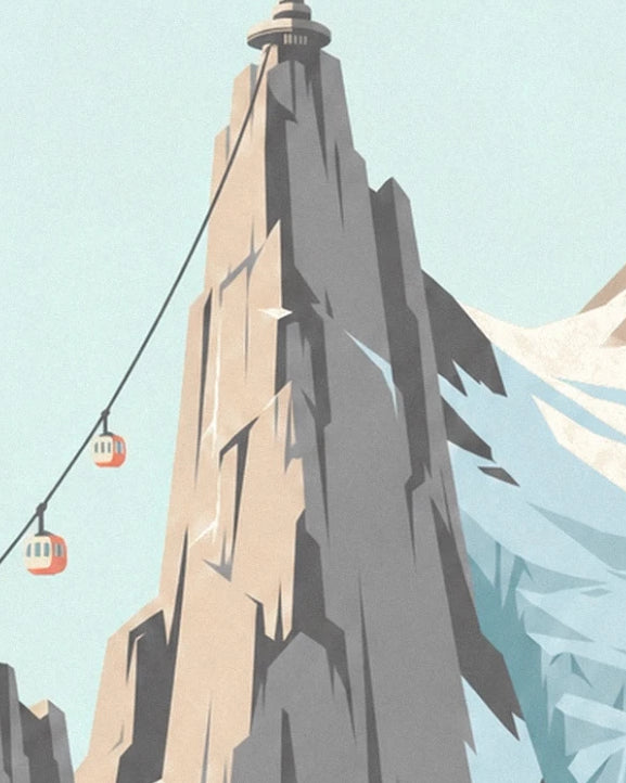 The aiguille du Midi and its summit station, flanked by 2 cable cars