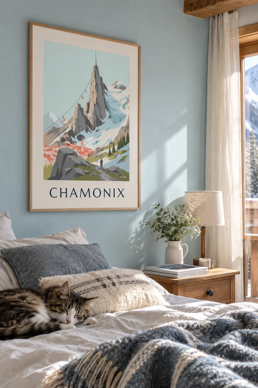 Poster of the Aiguille du Midi and its cable car above Chamonix: framed on the wall