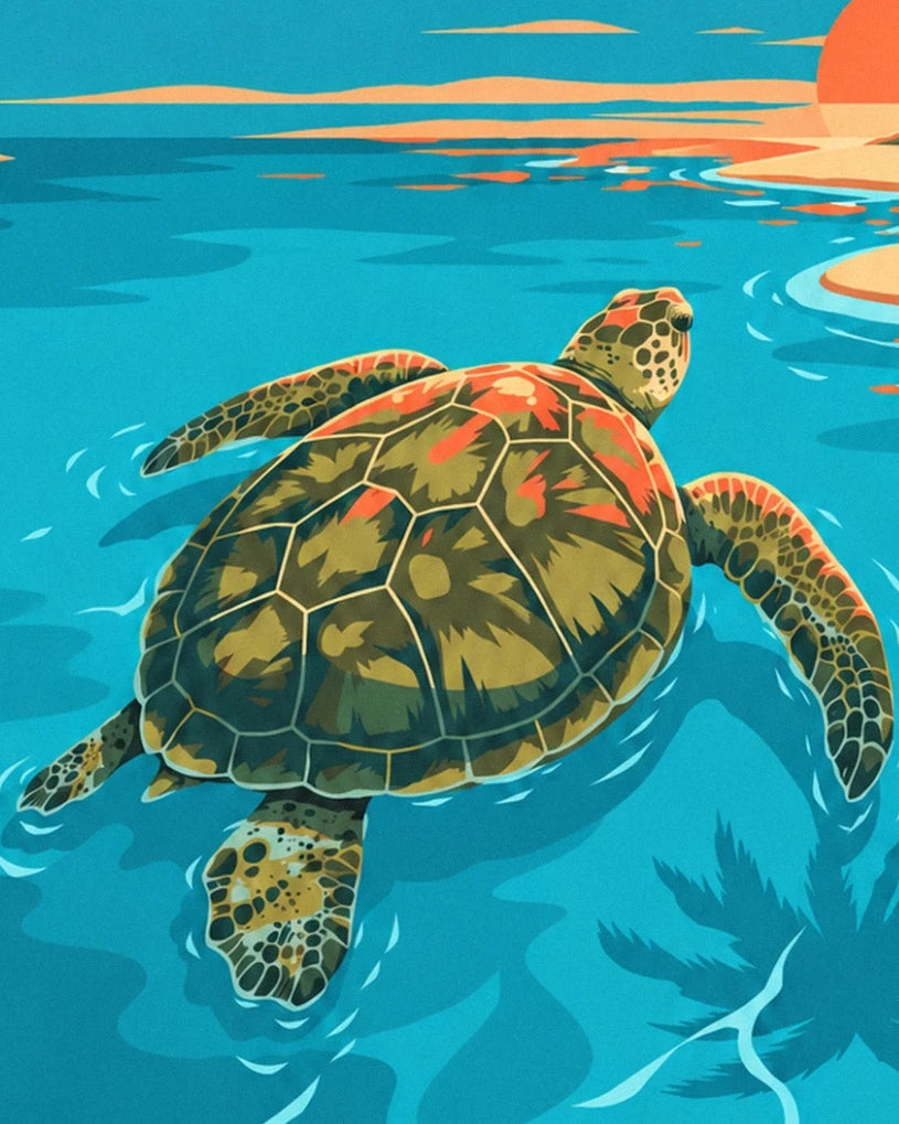 La tortue marine à la carapace verte et orangée dans l’eau turquoise