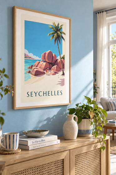 Poster Bucht Anse Source d’Argent auf La Digue, Seychellen: gerahmt an der Wand