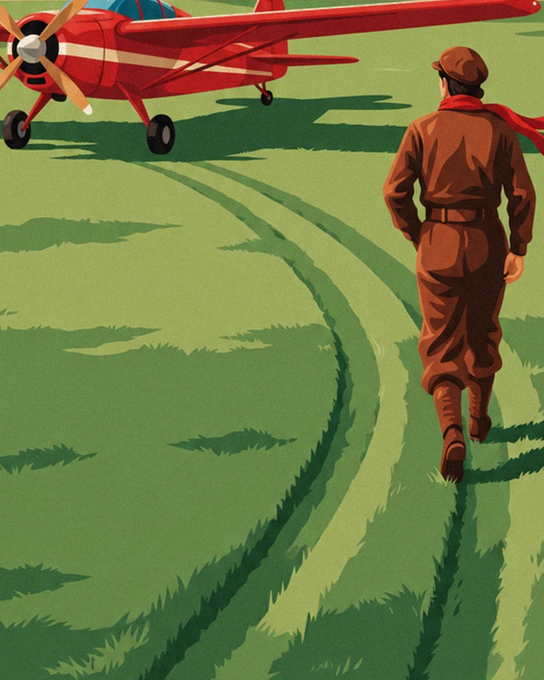 Poster Pilotin und rotes Propellerflugzeug auf einer Graspiste: Detail in Nahaufnahme