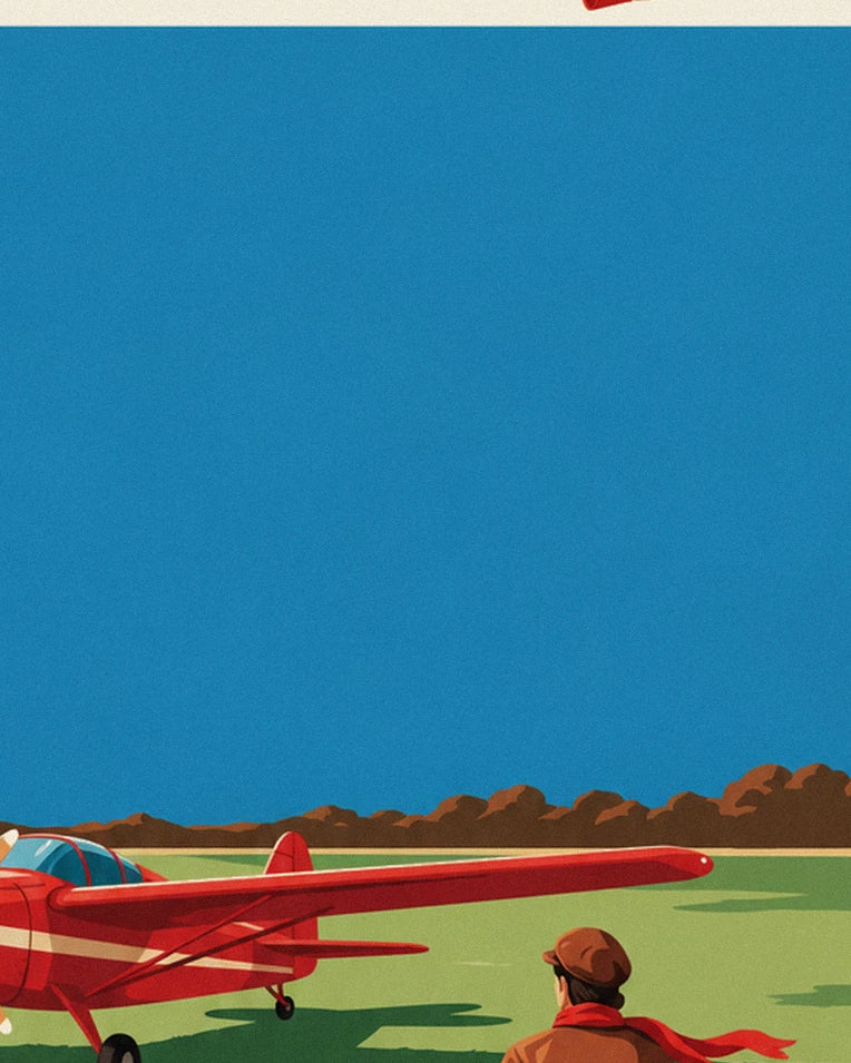 Poster Pilotin und rotes Propellerflugzeug auf einer Graspiste: Detail in Nahaufnahme