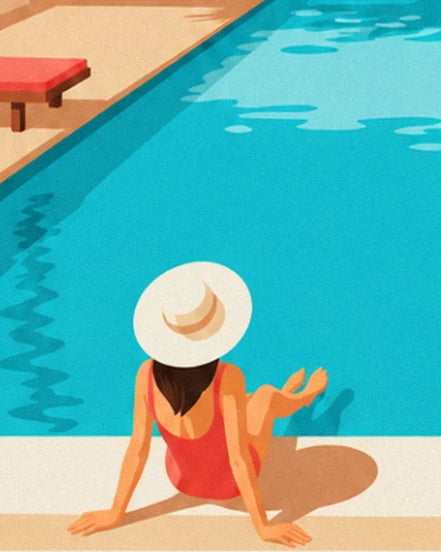 The bather in a white hat and red swimsuit sitting at the edge of the pool
