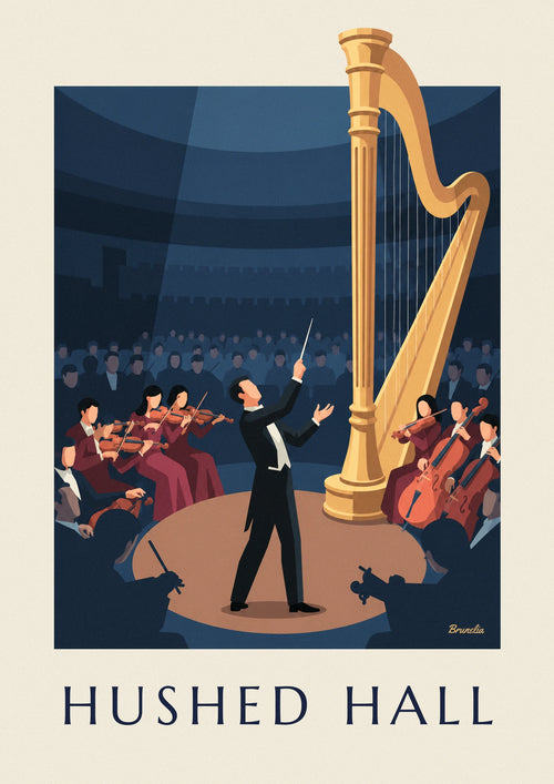 Affiche chef d'orchestre et grande harpe dorée en concert : l'affiche entière