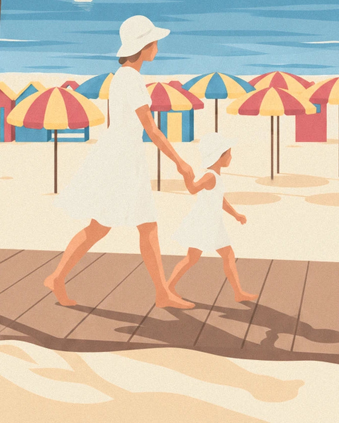 The mother and her little girl in white dresses and hats, hand in hand on the boardwalk
