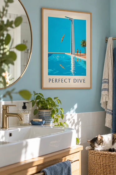 Poster Turmspringer mitten im Sprung über einem Schwimmbecken: gerahmt an der Wand