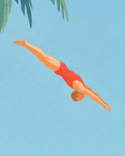 Le plongeur en maillot rouge, tête en bas et jambes tendues sous les feuillages