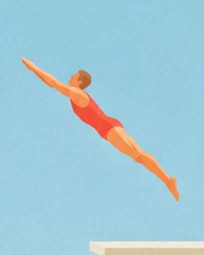 Le plongeur en maillot rouge, bras tendus au-dessus du bord du plongeoir