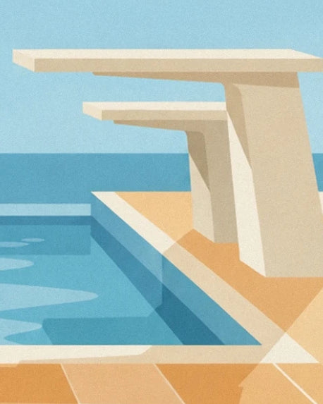 Les 2 plongeoirs beiges au bord du bassin bleu et de la terrasse orangée