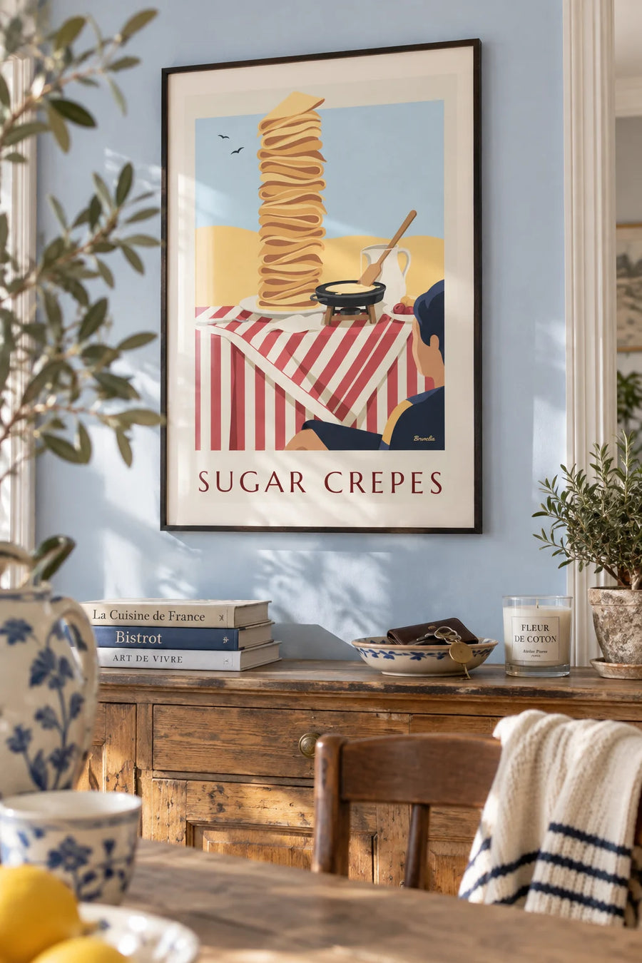 Sugar crêpes cooking on the crêpe pan poster: framed on the wall
