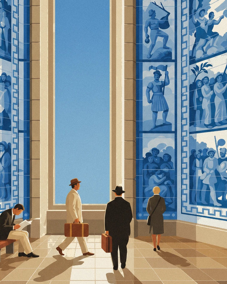 Poster Azulejos im Bahnhof São Bento in Porto: Detail in Nahaufnahme