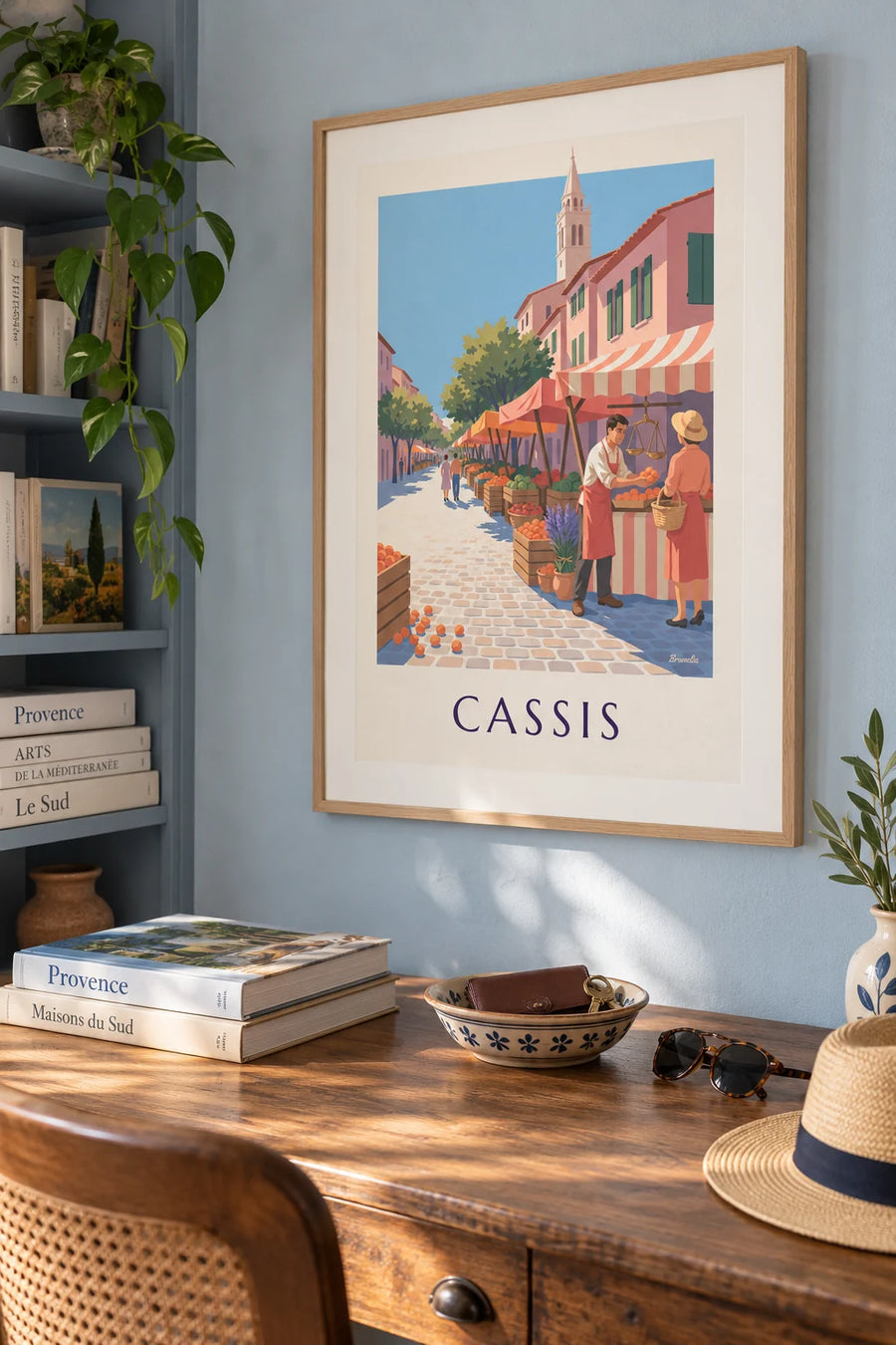 Poster of a Provençal market stall in Cassis, place Baragnon: framed on the wall