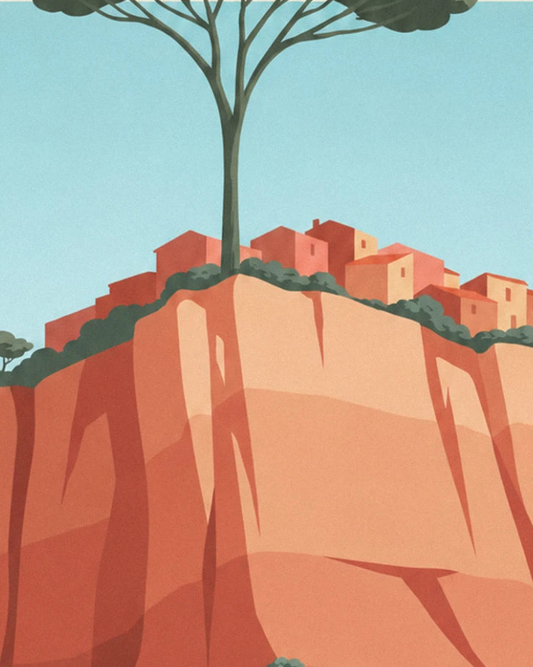 The village with pink roofs perched on its ochre cliff beneath an umbrella pine