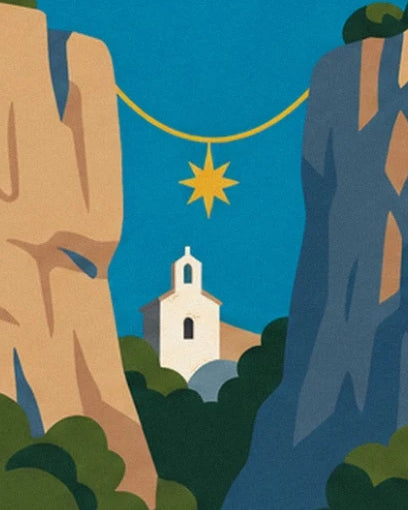 Der goldene Stern, zwischen den Felsen über einer weißen Kapelle aufgehängt