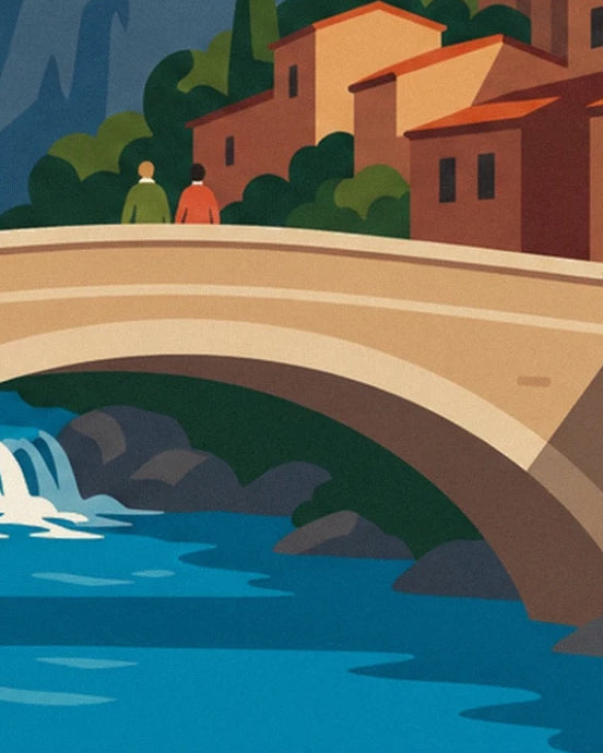 Die Steinbrücke und ihre 2 Spaziergänger über dem türkisfarbenen Wasser