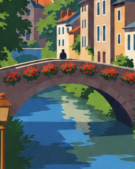 Le pont fleuri de rouge sur l'Odet, devant les façades colorées de Quimper