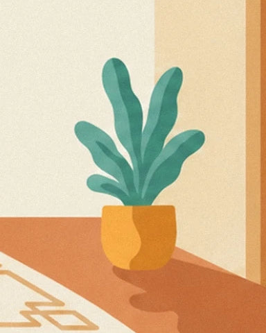 Une plante aux larges feuilles vertes dans un pot jaune, au bord du tapis