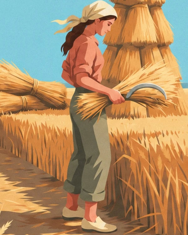 La moissonneuse au foulard crème, une faucille et une gerbe de blé dans les mains